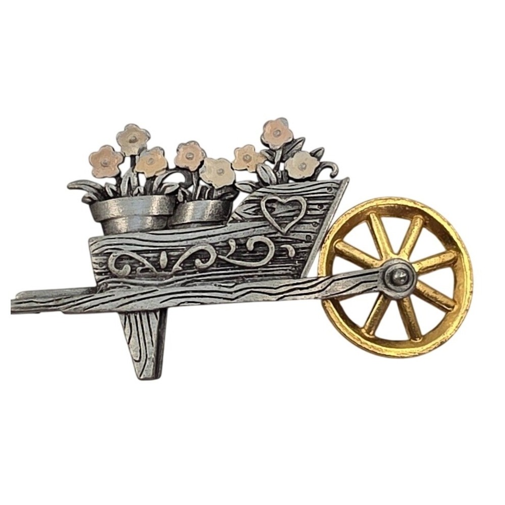 JJ Jonette Vintage Pewter Wheelbarrow‎ Flower Brooch Pin Silver Gold Tone Mixed